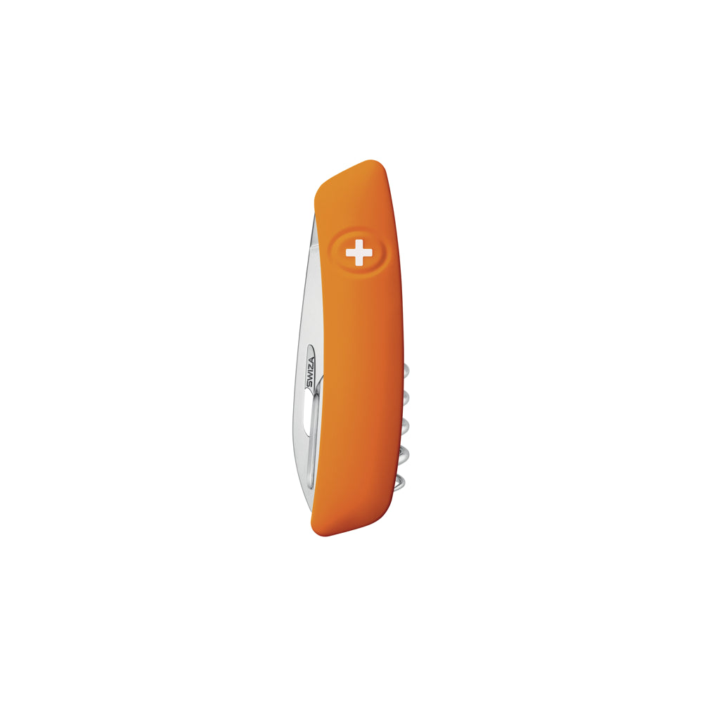 Couteau Suisse D01 orange Manche Soft Touch Swiza 6 fonctions : Lame de 75mm avec blocage de sécurité, Alêne coupante avec poinçon, Aiguille à chas, Tire-bouchon qualité sommelier, Pincette. Blocage de sécurité par la croix