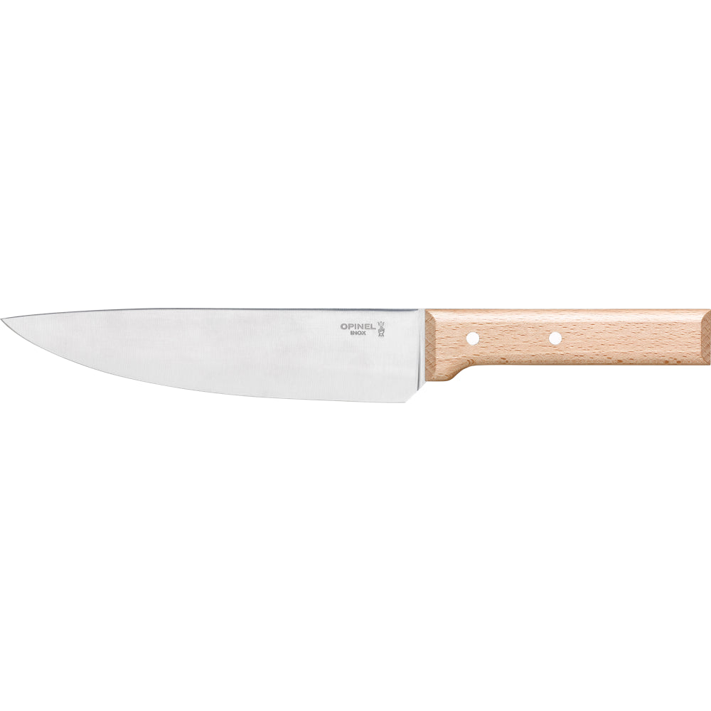 Couteau de Chef n°118 Manche Hêtre Opinel La lame d'une épaisseur de 3mm reste rigide et stable lors de la coupe.