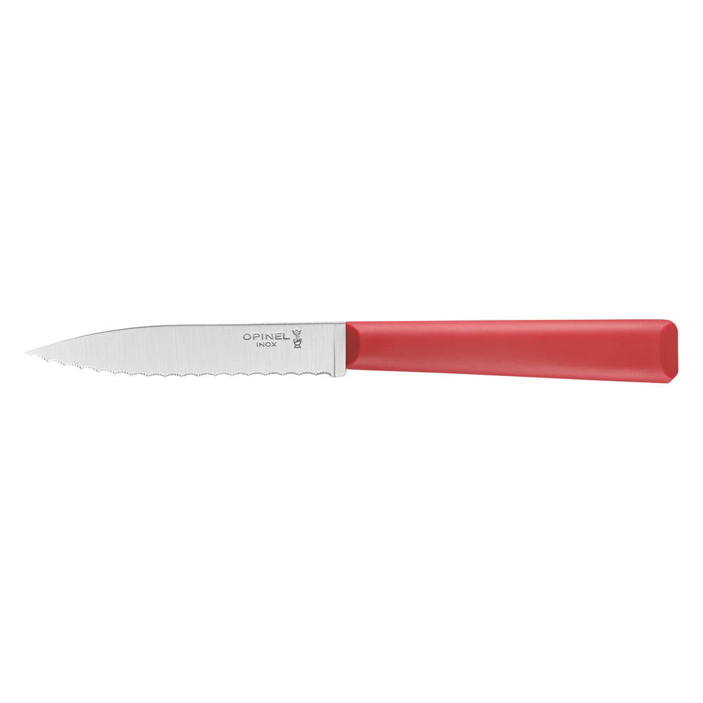 Couteau d'office cranté n°313 Rouge Lame 100mm Manche Polymère Opinel Sa lame microdentée est idéale pour trancher et découper tomates, saucisses, oeufs durs. Il est également efficace comme couteau à steack. Résiste au lave-vaisselle.